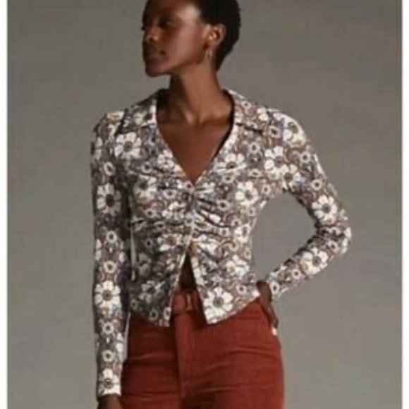 Maeve Floral Ruched Long Sleeve Top V-Neck Button Front Anthropologie Small - Picture 1 of 4